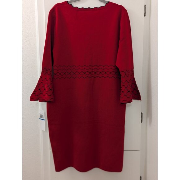 Red Bell Sleeve Knit Dress With Black Geometric Pattern By Nina Leonard  XL - Picture 5 of 8